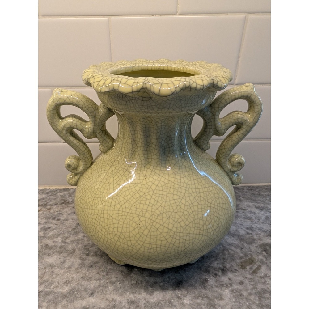 Vintage Yellow-Green Crackle Glazed Ceramic Double Handle Urn NO Lid